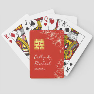 Modern elegant kinesisk bröllopsblomma skrift röd casinokort