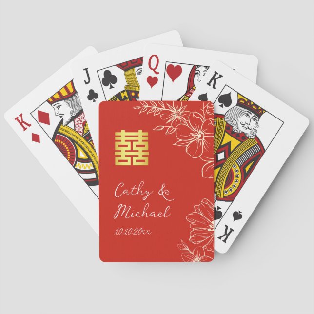 Modern elegant kinesisk bröllopsblomma skrift röd casinokort (Baksidan)