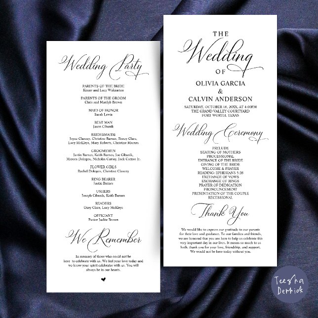 Modern Elegant Klassisk Bröllopsceremoni Ordning Program (Modern Elegant Classy Wedding Ceremony Order Program Card in Black and White)