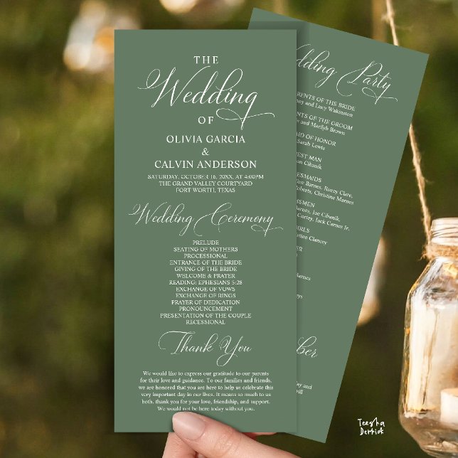 Modern Elegant Klassisk Bröllopsceremoni Ordning Program (Modern Elegant Classy Wedding Ceremony Order Program Card in sage green)