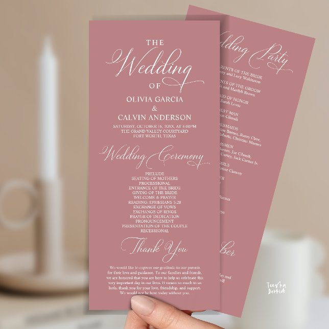 Modern Elegant Klassisk Bröllopsceremoni Ordning Program (Modern Elegant Classy Wedding Ceremony Order Program Card in dusty rose pink)