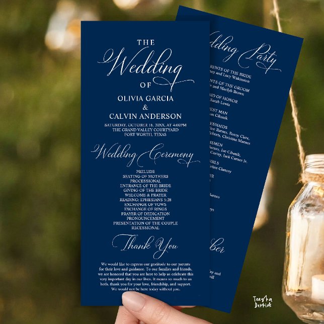 Modern Elegant Klassisk Bröllopsceremoni Ordning Program (Modern Elegant Classy Wedding Ceremony Order Program Card in Navy Blue)