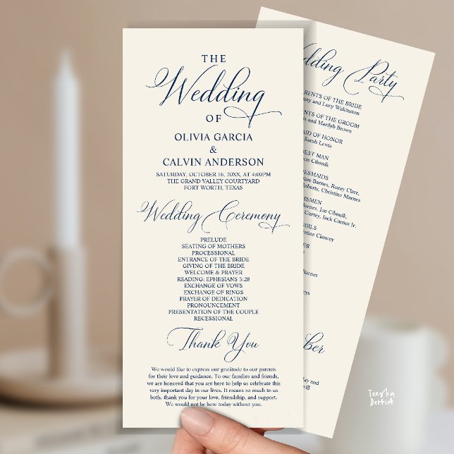 Modern Elegant Klassisk Bröllopsceremoni Ordning Program (Modern Elegant Classy Wedding Ceremony Order Program Card in Navy Blue and ivory)