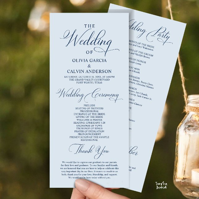 Modern Elegant Klassisk Bröllopsceremoni Ordning Program (Modern Elegant Classy Wedding Ceremony Order Program Card in misty Blue)