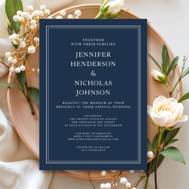Modern Elegant Klassisk marin blå Virtuella Bröllo Inbjudningar (Modern Elegant Classic Navy Blue Virtual Wedding Invitation)