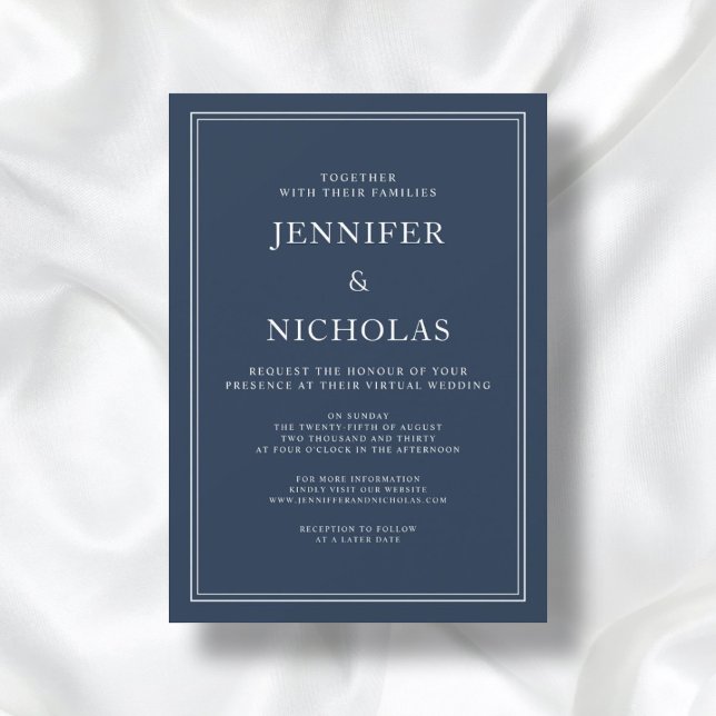 Modern Elegant Klassisk marin blå Virtuella Bröllo Inbjudningar (Front / Modern Elegant Classic Navy Blue Virtual Wedding Invitation)