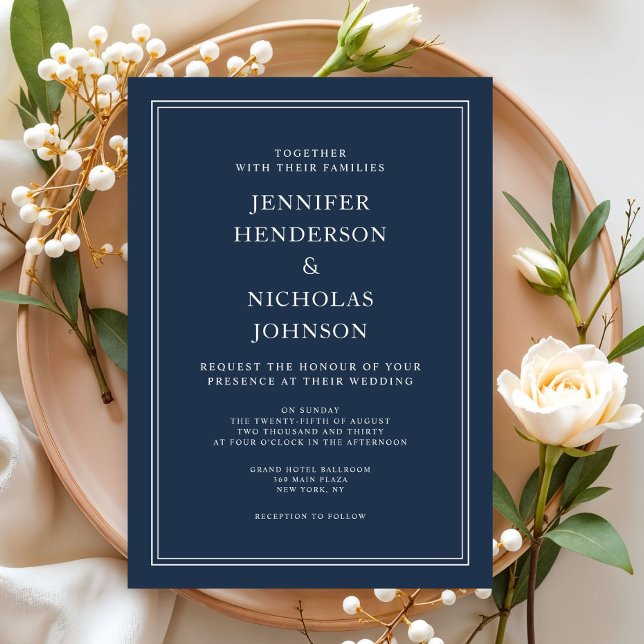 Modern Elegant Klassisk Marinblå Bröllop Inbjudningar (Modern Elegant Classic Navy Blue Wedding Invitation)
