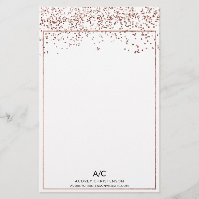 Modern elegant klassisk monogram ro guld konetti brevpapper (Framsida)