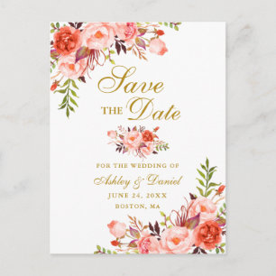 Modern Elegant Korall Blommig Guld Save the Date Meddelande Vykort