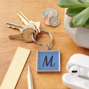 Modern Elegant Kornblå Indigo Monogram Fyrkantig Silverfärgad Nyckelring