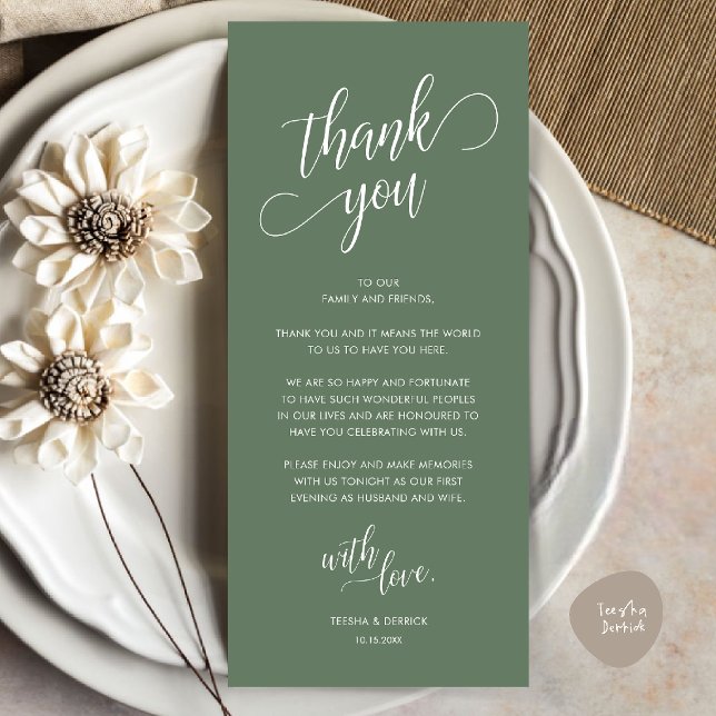 Modern Elegant Kort för Middagsplacering Tack Kort (Modern Classy Wedding Dinner Place Setting Thank You Card in Sage Green)