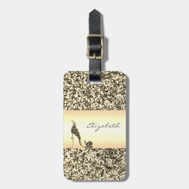 Modern Elegant Kvinnlig, Guld Glitter, Blommig Kla Bagagebricka (Vertikal Framsida)