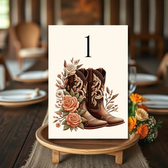 Modern Elegant Land Westerna - Blommor Bordsnummer (Country Western-Flowers with Cowboy Boots-Wedding Table Numbers)