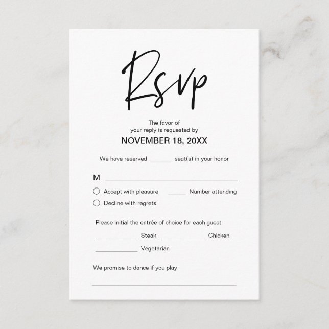 Modern Elegant Ledighet, RSVP, Svart Skrift, Svara Tilläggskort (Framsida)