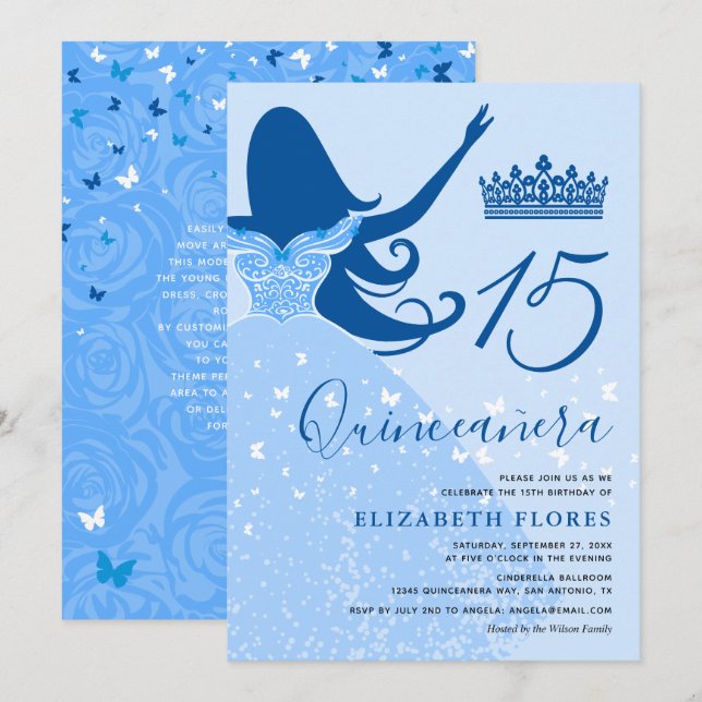 Modern Elegant Light Royal Blue Quinceanera Inbjudningar (Fram/baksida)