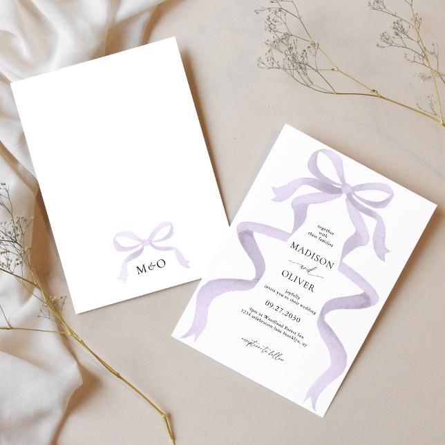 Modern Elegant Lila Bow Monogram Bröllop Inbjudningar (Skapare uppladdad)
