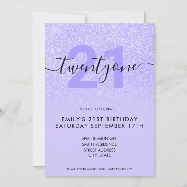 Modern Elegant Lila Glitter 21:a födelsedag Inbjudningar (Framsida)