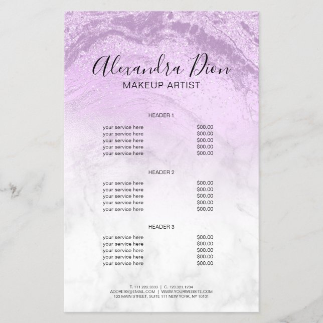 Modern elegant lila glitter marble makeup artist flygblad (Framsidan)
