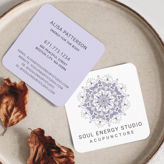 Modern Elegant Lila Mandala Fyrkantigt Visitkort (Modern Elegant Purple Mandala Square Business Card)