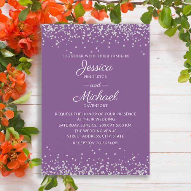 Modern Elegant Lila Silver Glitter Bröllop Inbjudningar (Elegant purple wedding invitation with silver glitter)