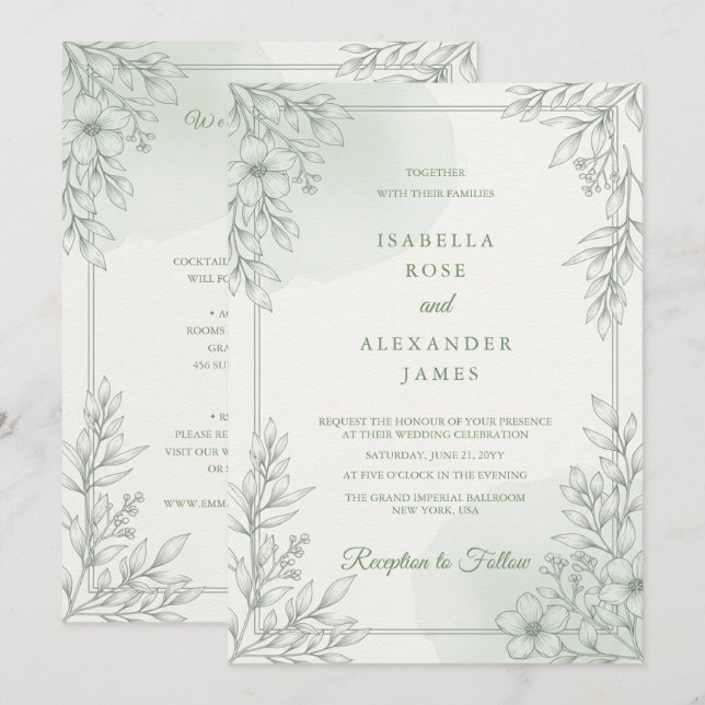 Modern Elegant Linje Konst Vilda Blommor Blommig B Inbjudningar (Fram/baksida)
