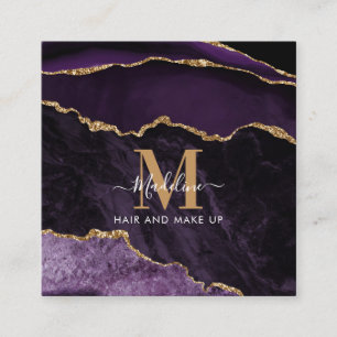Modern Elegant Marble Agate Lila Guld Monogram Fyrkantigt Visitkort