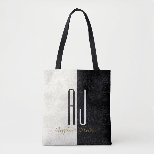 Modern Elegant Marble Black and White Monogram Tygkasse (Framsida)