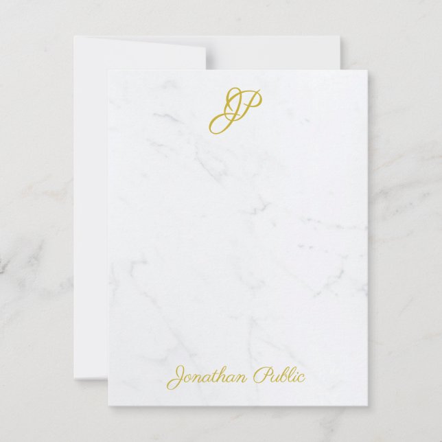 Modern Elegant Marble Guld Hand Script Monogram Anteckningskort (Framsida)