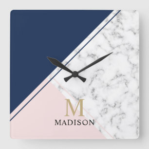 Modern elegant marble monogram fyrkantig klocka