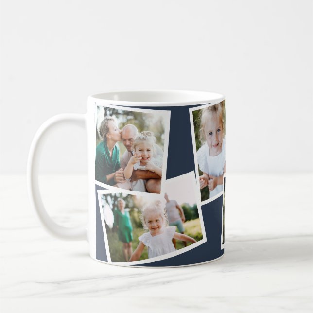 Modern elegant, marin blått multifotofamilj kaffemugg (Vänster)