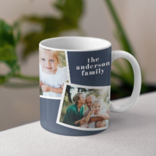 Modern elegant, marin blått multifotofamilj kaffemugg