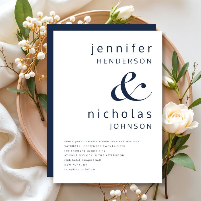 Modern Elegant, marinblå Bröllop Inbjudningar (Modern Elegant Navy Blue Wedding Invitation)
