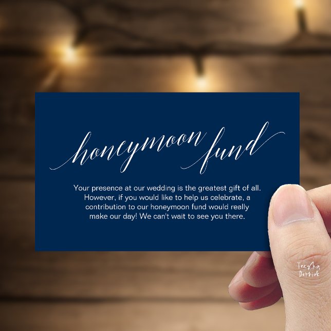 Modern Elegant Marinblå Bröllopspresent Önskar Tilläggskort (Modern Elegant Black Script Honeymoon Fund Wish Enclosure Card in navy blue)