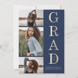 Modern Elegant, marinblå Guld 3, foto Studenten Inbjudningar