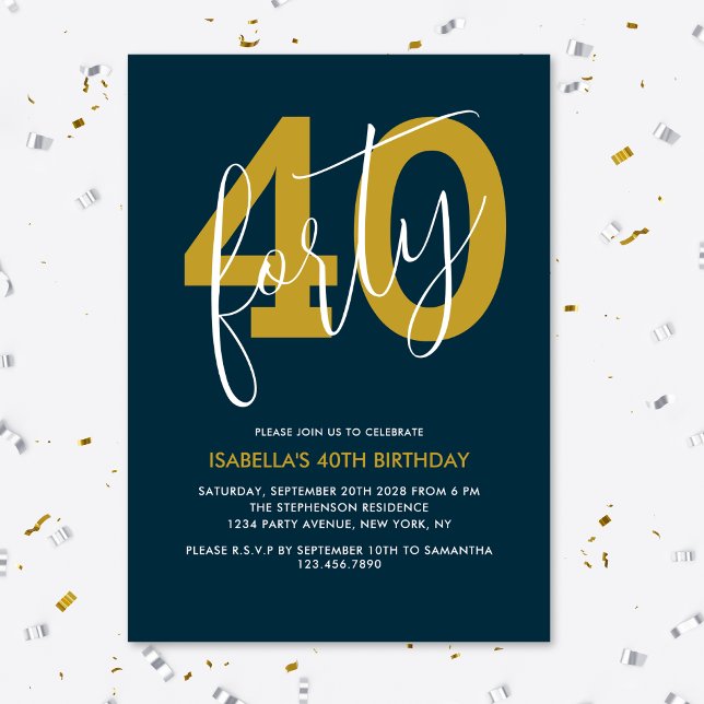 Modern Elegant Marinblå Guld 40-årsdag Inbjudningar (Skapare uppladdad)