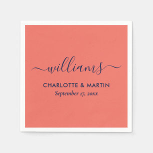 Modern Elegant, marinblå och koralfärgad Bröllop Pappersservett