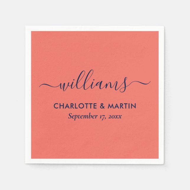 Modern Elegant, marinblå och koralfärgad Bröllop Pappersservett (Framsidan)