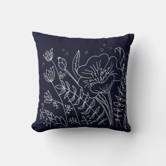 Modern Elegant Marinblå Vita Blommor Kudde