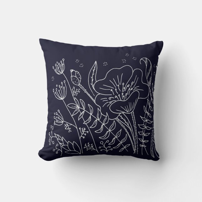 Modern Elegant Marinblå Vita Blommor Kudde (Framsida)