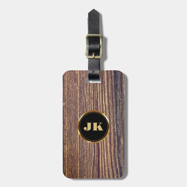 Modern Elegant Masculine Wood monogrammed Namn Bagagebricka (Vertikal Framsida)