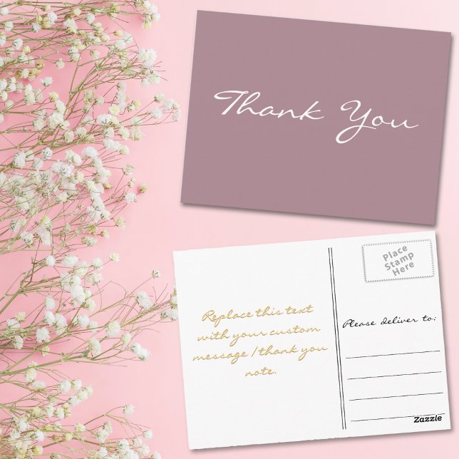Modern Elegant Mauve Falskt Guld Skript Tack Vykort (Modern Elegant Mauve Faux Gold Script Thank You Postcard)