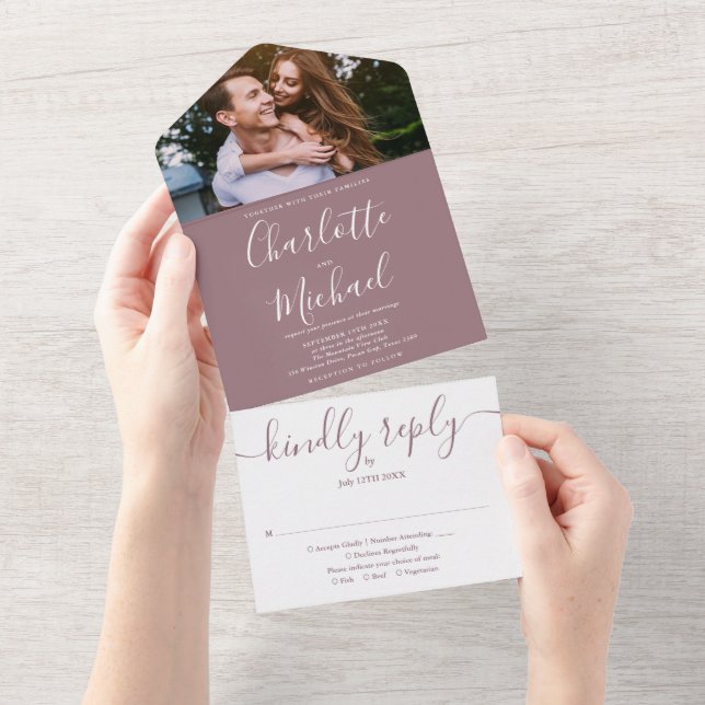 Modern Elegant Mauve Script Foto Bröllop Allt (Avrivbar del)