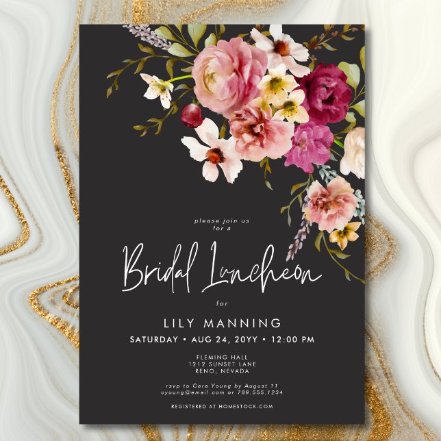 Modern Elegant Meadow Blommigt Black Möhippa Lunch Inbjudningar (Modern Elegant Meadow Floral Black Bridal Luncheon Invitation)