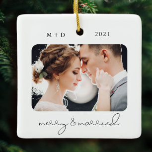 Modern Elegant Merry Married Bröllop Photo Julgransprydnad Keramik