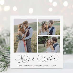 Modern Elegant Merry & Married Script 3-foto Julkort