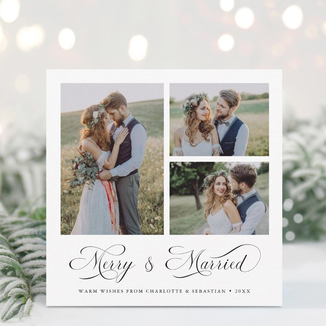 Modern Elegant Merry & Married Script 3-foto Julkort (Skapare uppladdad)