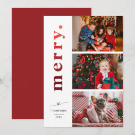 Modern Elegant Merry Ombre Red Photo Helgdag Card Julkort