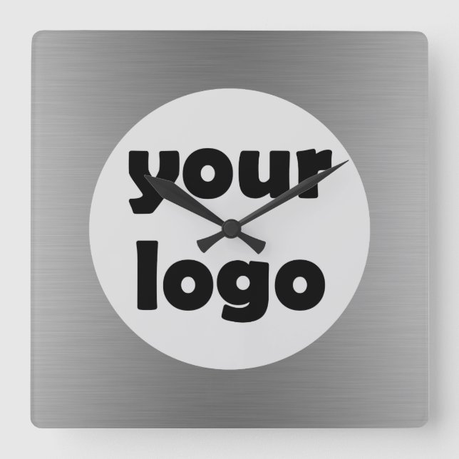 Modern Elegant Metallic Solid Silver Logotyp Fyrkantig Klocka (Framsida)