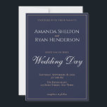 Modern Elegant Midnight Blue-skript Bröllop Inbjudningar<br><div class="desc">Modern och elegant efter midnatt, blå bröllopsinbjudning // Denna enkla, moderna bröllopsinbjudan är underbarare för inbjudan era gäster. Bakgrunden är mörk midnattblått med tunn gräns. Texten är ett vitt och gyllene modernt skript. Du kan enkelt anpassa all text - anpassa den med bildens namn, rummets namn, datum och tid, plats...</div>