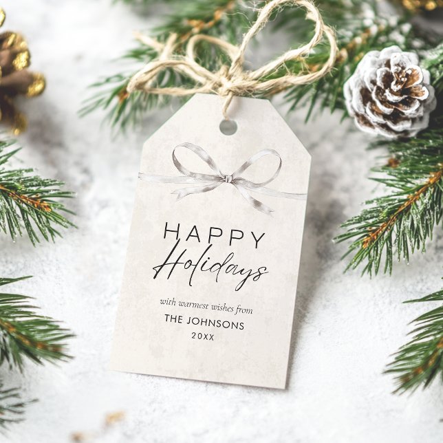 Modern Elegant - Minimal Bow Glad helg-familj Presentetikett (Elegant boho Happy Holidays gift tag with coquette bow. Beautifully refined in a neutral palette.)